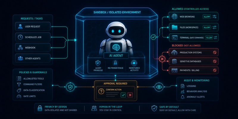 Permission va sandbox orqali AI agentga nazoratli erkinlik berishni ko‘rsatuvchi hero image