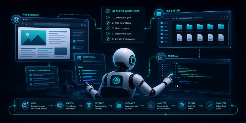 Brauzer, fayl va terminal bilan ishlaydigan AI agentni ko‘rsatuvchi hero image