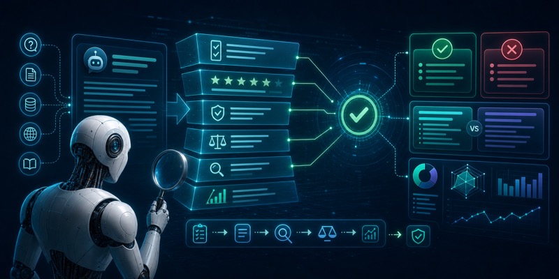 AI javoblarini eval va quality checks orqali baholashni ko‘rsatuvchi hero image