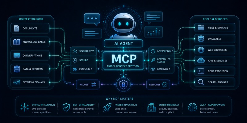 MCP orqali AI agentlar va tashqi servislar ulanishini ko‘rsatuvchi hero image