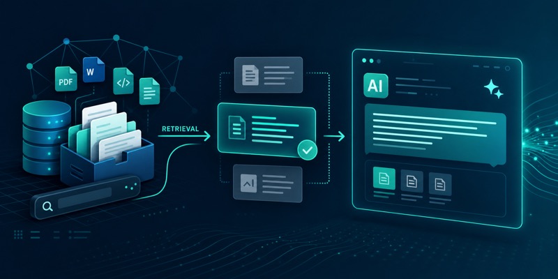 RAG va retrieval asosidagi AI javobini ko‘rsatuvchi hero image