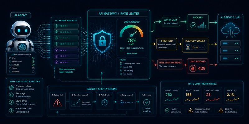 AI agentlar uchun API rate limit va throttling jarayonini ko‘rsatuvchi hero image