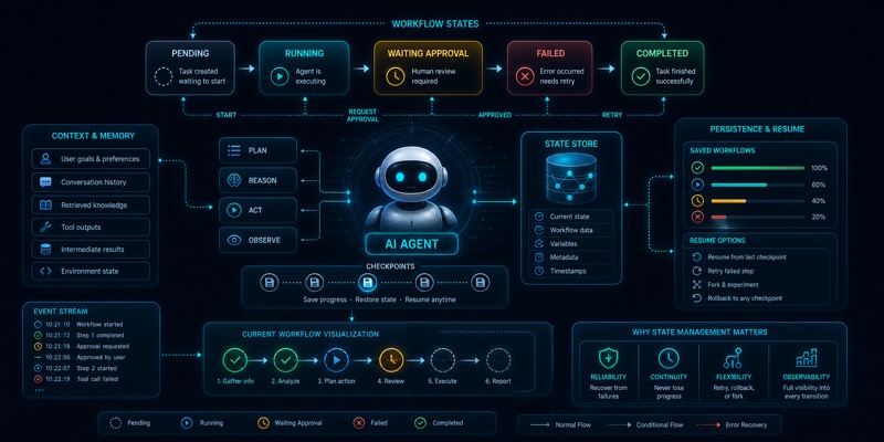AI agentning workflow state management va resume holatlarini ko‘rsatuvchi hero image