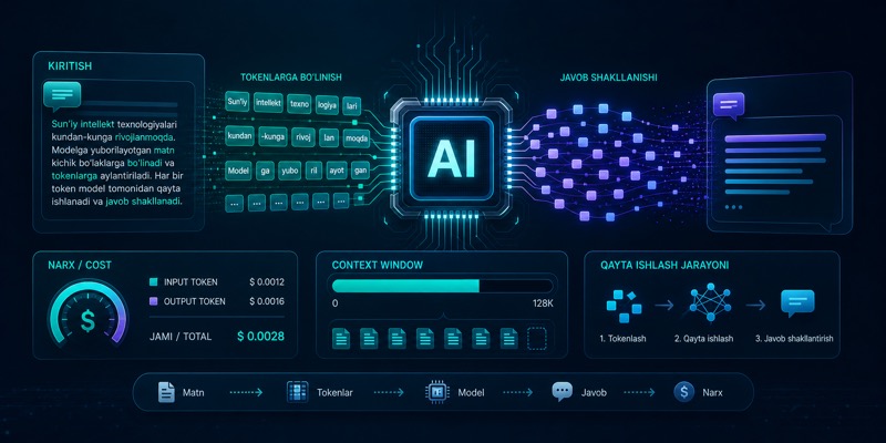 Token, context window va AI narxini ko‘rsatuvchi hero image