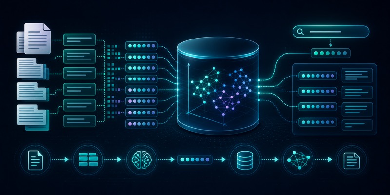 Vector database va nearest-neighbor retrieval ishlashini ko‘rsatuvchi hero image